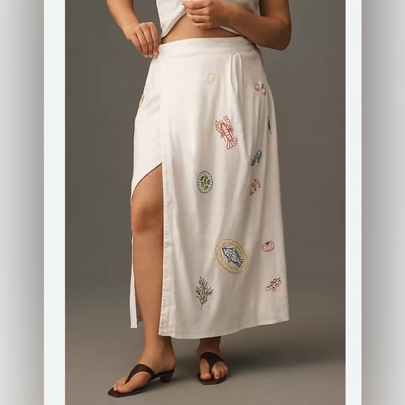 Maeve Dresses & Skirts - NWT Anthropologie Maeve Embellished Linen Wrap Midi Skirt - neutral motif - 10